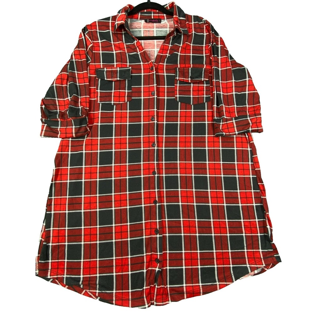 Annabelle Shirt Dress Womens 1X Plaid Red Black Button Front Flannel Style Tunic